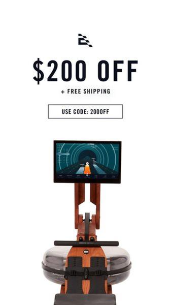 A vertical 9:16 ad creative for a wood-frame rowing machine, featuring a prominent $200 discount offer, free shipping incentive, and a clear promo code.